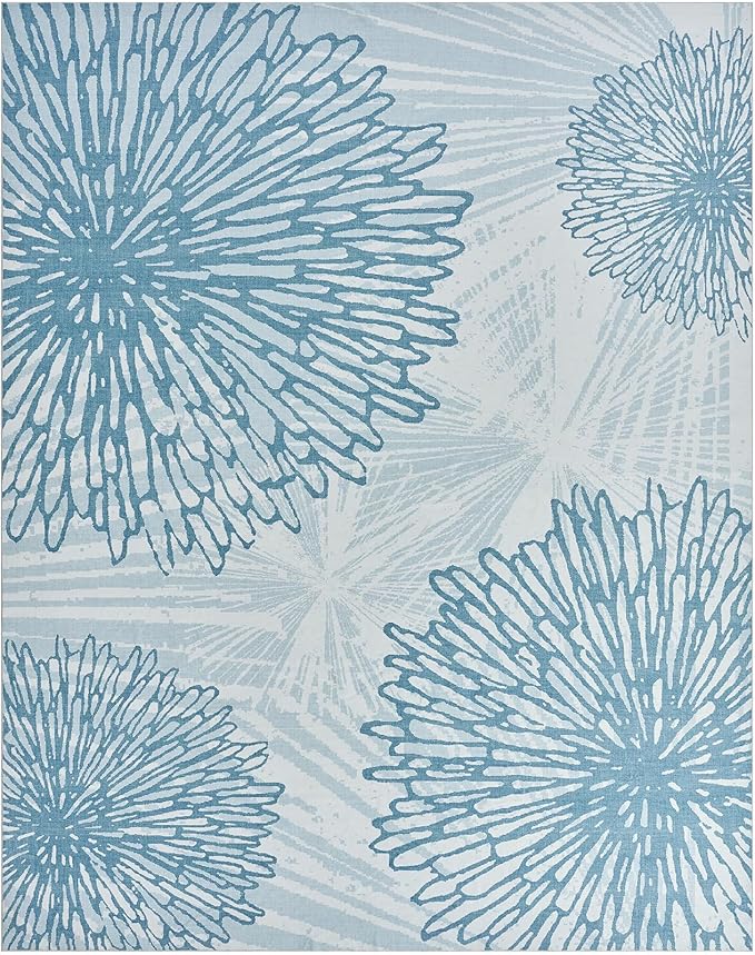 WITSHOCK 7x9 Washable Rug for Living Room,Modern Floral Distress Print Pattern Area Rugs,Stain Resistant with Non Slip Backing Carpet for Dining Room,Bedroom & Home Decor,Blue/Light Blue