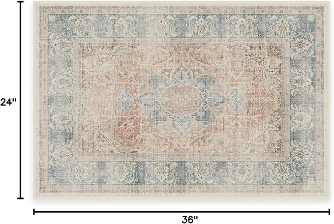 RUGGABLE Washable Vintage Area Rug – Sarrah Coral 2x3, Stain-Resistant, Non-Slip – Small Machine Washable Rugs for Living Room, Bedroom, Hallway, Entryway & Bathroom–with Cushioned Pad