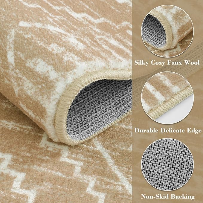 Wonnitar Moroccan Washable Rug 3x5, Non-Slip Entryway Area Rug, Soft Farmhouse Bedroom Throw Mat, Geometric Low Pile Scandinavian Accent Carpet for Entry Kitchen Basement (Kakhi,3'x5')
