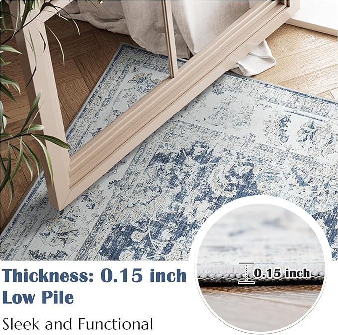 jinchan Fiora Long Hallway Runner Rug 2x12 Machine Washable Runner Rug Dark Blue Vintage Floral Design Non-Slip Ultra-Thin for Kitchen Laundry Room Bedroom Farmhouse (2‘x12', Dark Blue)