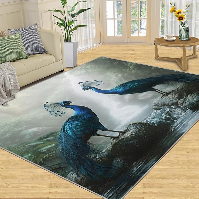 Peacock Rug 6x8-6x8 Rug, Peacock Couples Area Rugs for Bedroom, Nature Waterfall Rugs for Living Room, Animal Bird Washable Mat, Teal Turquoise Carpet - Peafowl Home Decor & Gifts