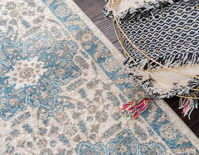Unique Loom Salzburg Collection Classic Traditional Design Oriental Inspired Border Area Rug (2' 0 x 6' 0 Runner, Beige/Blue)