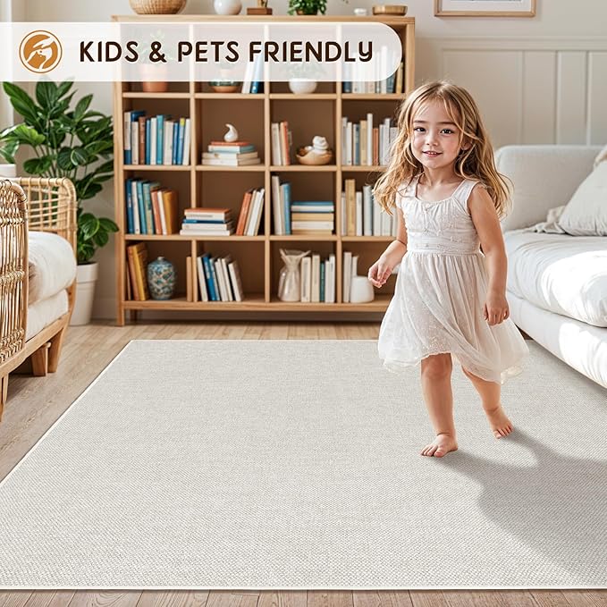 LBRO2M Easy Jute Solid Area Rug 4X6 Washable Rugs for Living Room Bedroom Natural Jute Look Indoor Outdoor Rug Durable, Solid Non Shedding Eco Friendly (4X6 Light Ivory)