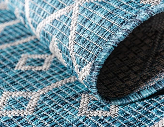 Unique Loom Outdoor Trellis Collection Area Rug - Tribal Trellis (10' x 13' 1" Rectangle, Teal/ Ivory)