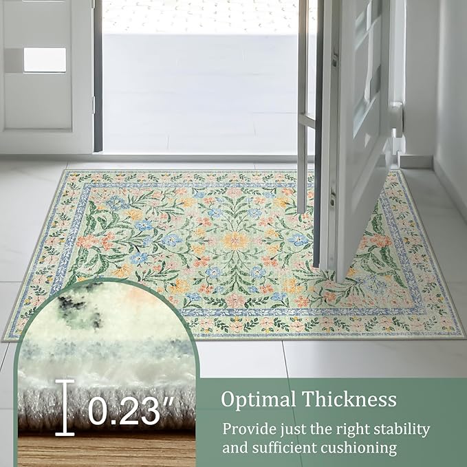 Morebes Boho Light Green Large Area Rugs for Bedroom, Floral Washable Area Rugs 9x12 Living Room Non Slip, Soft Thin Distressed Carpet for Nursery Girls Home Dinning Room Kids Playroom