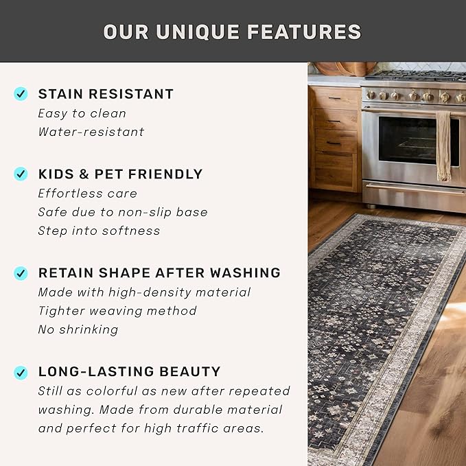 Washable 4x8 Hallway Runner Rug, Black Vintage 8ft Soft Runners for Entry Kitchen Non Slip Low Pile Thin Carpet for Living Room Bedroom Foyer