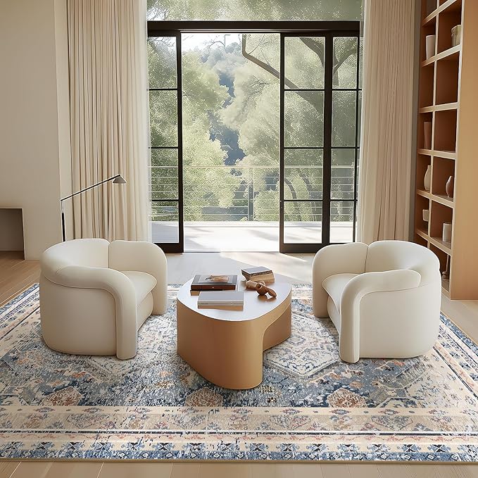 Phantoscope Washable Area Rug 8'x10' Non-Slip, Vintage Neutral Rugs for Living Room, Bedroom, Dining Room, Distressed Boho Geometric Medallion Pattern, Low-Pile Foldable Floor Carpet, Dusty Blue/Multi