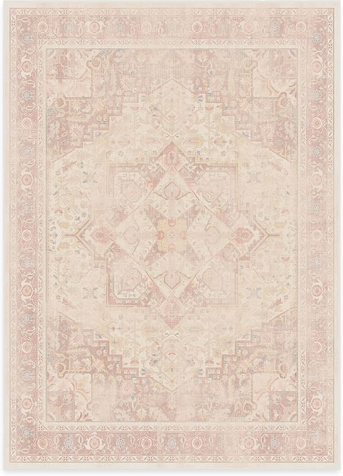 RUGGABLE Washable Area Rug – Kamran Soft Pink 5x7, Stain-Resistant, Non-Slip – Medium Machine Washable Rugs for Living Room, Bedroom, Hallway, Entryway & Office–with Cushioned Pad