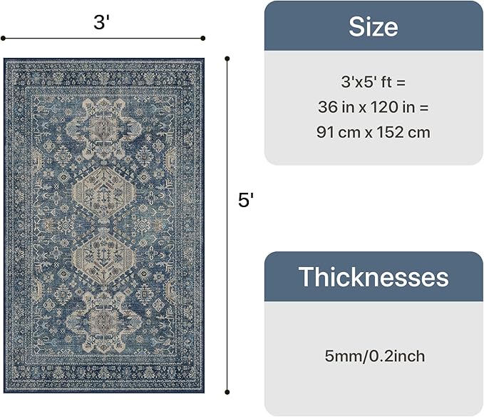 Bavni 3x5 Area Rug for Living Room Bedroom, Washable Boho Print Vintage Aesthetic Rug, Ultra-Thin Low Pile Rugs for Entryway Playroom with Non Slip Backing, Blue