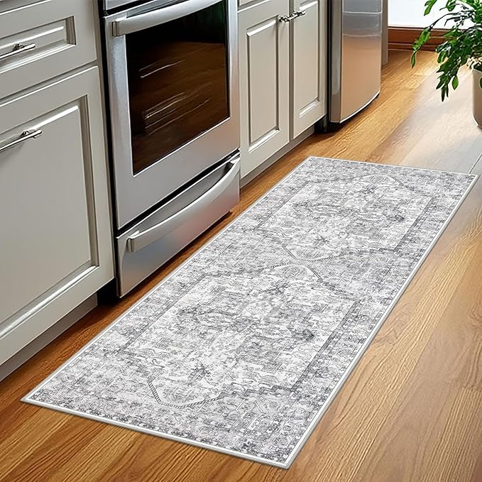 KOZYFLY Runners for Hallways 2x5 Ft Washable Kitchen Runner Rug Boho Runner Rug for Entryway Indoor Printed Oriental Faux Wool Floor Carpet Runner for Laundry Room Kitchen Hall, Gray