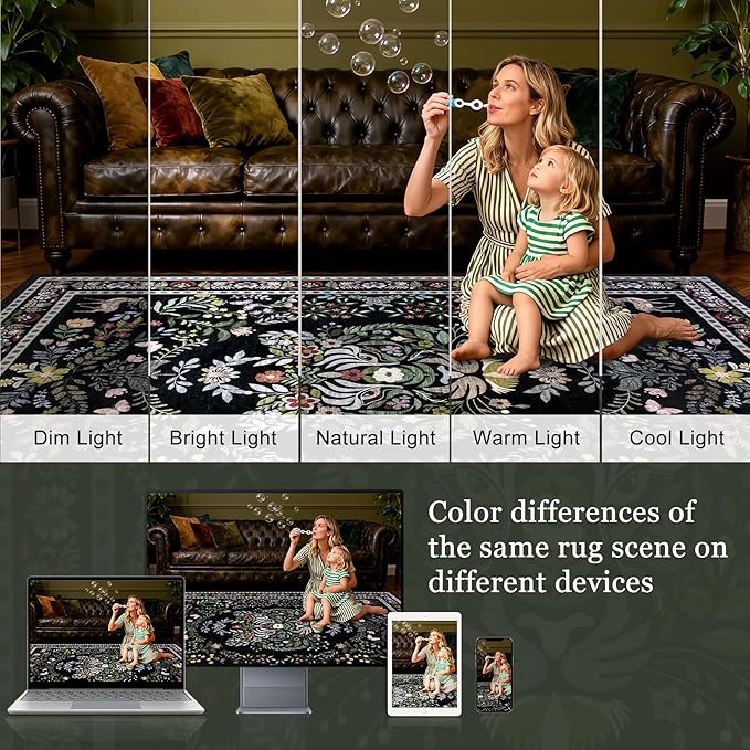 9x12 Area Rugs Living Room Rug: Vintage Washable Rug Floral Soft Carpet Indoor Floor Non-Slip Boho Stain Resistant Large Carpets for Bedroom Kids Nursery Dining Room Farmhouse Home Office Black