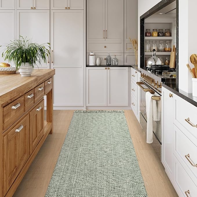 Collive Long Hallway Runner Rug 2.6' x 7', Washable Runner Indoor Entryway Rug, Olive Green/Cream Braided Woven Kitchen Runner Rugs Low-Profile Front Door Floor Carpet for Bedroom Doorway
