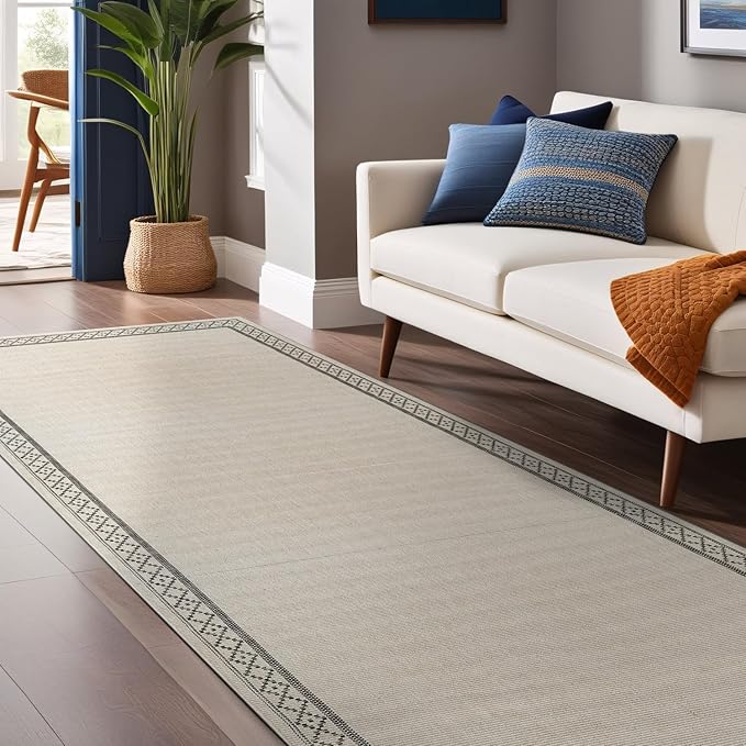 Easy Jute Rugs 2x7 Frame Bone Color Living Room Indoor Outdoor Runner Rug for Patio and Kitchen Rug High Traffic Washable Easy to Clean Solid Boho Woven Design Carpet (2 x 7)