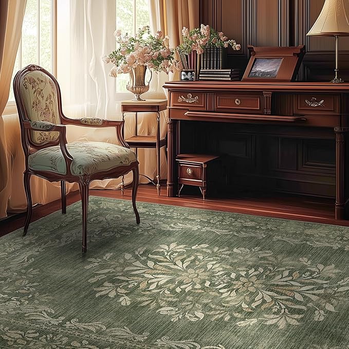 jinchan Green Floral 8x10 Area Rugs for Living Room - Machine Washable Vintage Distressed Design Soft Throw Rug Non-Slip Large Carpet for Bedroom Nursery Dining Room Home Office (8x10ft,Dark Green)