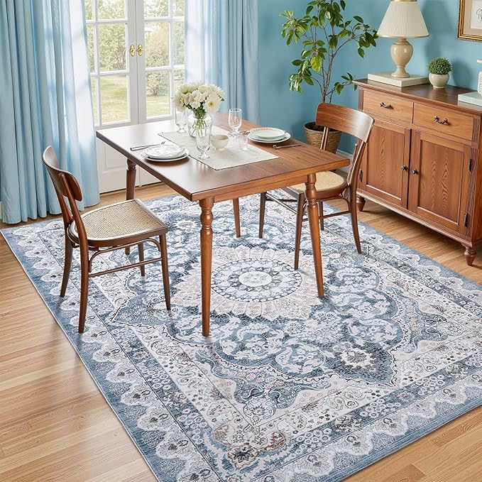 4x6 Area Rug for Bedroom, Machine Washable Rugs with Non-Slip Backing for Living Room, Soft Vintage Carpet Kitchen Laundry Kids Room Decor, Blue & Beige