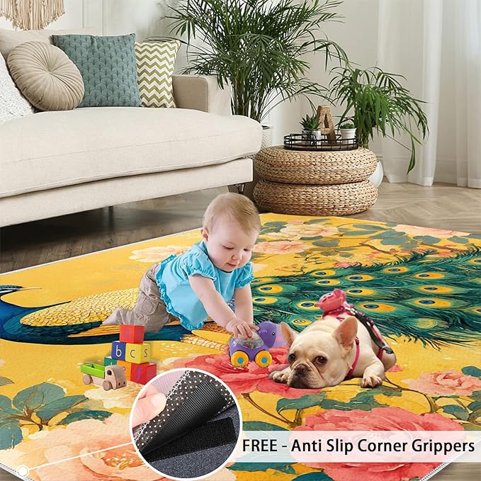 Classic Peacock Rug Large - 5x8 Rug, Peacock Peony Flower Washable Rugs for Living Room, Yellow Teal Turquoise Carpet, Non-Slip Area Rugs for Bedroom, Aesthetics Carpet - Peafowl Home Decor & Gifts