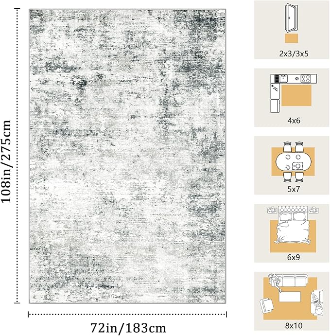 6x9 Machine Washable Area Rug for Living Room, Grey Modern Vintage Abstract Rug Large Non-Slip Low Pile Soft Faux Wool Carpet, Kids and Pets Friendly for Bedroom Dining Room Farmhouse Home Decor Rug