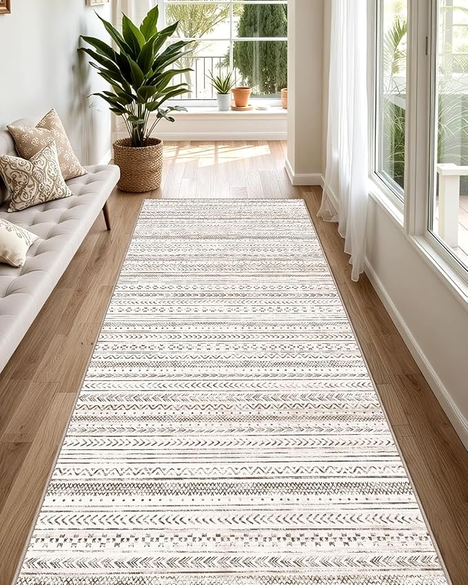 LUMI Washable Runner Rug, 3'x7' Non-Slip Hallway Mat, Low Profile Thin Long Carpeet for Laundry Kitchen Bedroom Office, White and Brown