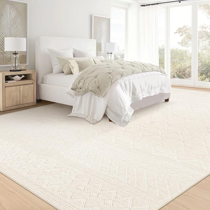 8x10 Area Rug Living Room: Washable Boho Geometric Moroccan Rug Neutral Modern Farmhouse Indoor Soft Non Slip Ultra Thin Large Printed Pattern Carpet for Bedroom Home Office (Beige, 8'x10')