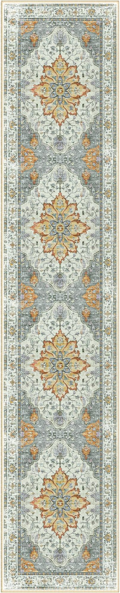 Area Rugs 2'6''x12' Washable Non-Slip, Floral Vintage Distress Print Pattern Medallion Carpet for Living Room Bedroom Dining Room, Light Yellow Carbon Grey Orange