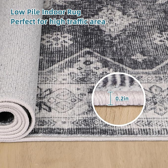 Dripex Hallway Runner Rug 2x10, Washable Rug Kitchen Rug Non Slip with Rubber Backing Soft Thin Vintage Carpet Runner for Entryway Bedroom Bathroom Laundry Room Living Room Decor, Charcoal/Black