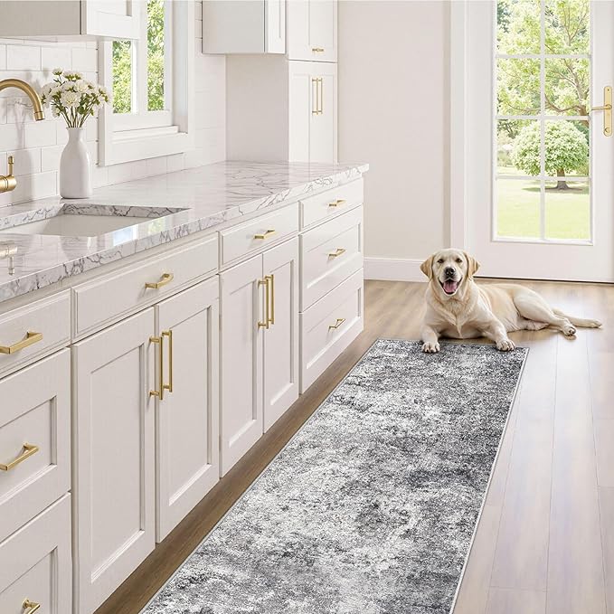 2X6 Washable Runner Rug for Hallway: Soft Neutral Modern Abstract Area Rug - Non-Slip Low Pile Long Throw Indoor Carpet for Kitchen Entryway Kitchen Bedroom Laundry Bathroom - Grey