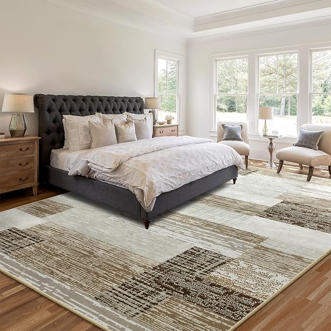 Large Area Rugs,Modern Geometric Patchwork Floor Decor for Bedroom Aesthetic Carpet, Rockwood Collection, Indoor Rugs for Living Room, Dining Room, Nursery, Office, Machine Washable Rug,4x6 Ft Beige