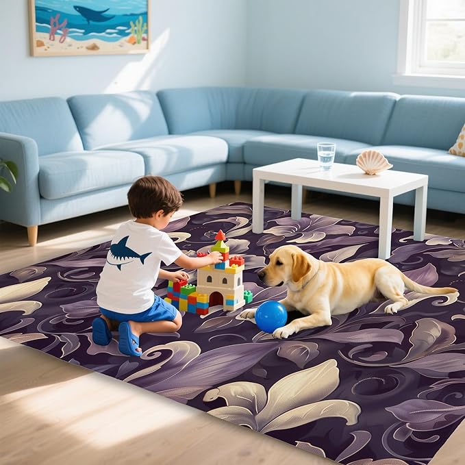 Purple Luxury Floral Texture Rug for Living Room 3x5, Low Pile Non-Slip Backing, Machine Washable Easy Fold Rug for Home, Office, Dorm Room