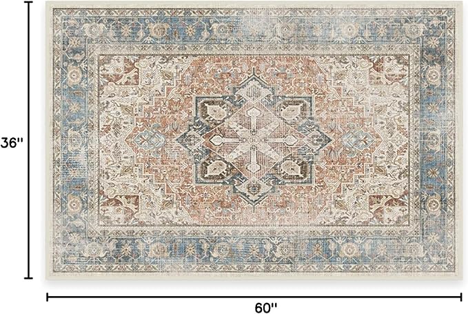 RUGGABLE Washable Vintage Area Rug – Kamran Coral 3x5, Stain-Resistant, Non-Slip – Small Machine Washable Rugs for Living Room, Bedroom, Hallway, Entryway & Office–with Standard Pad