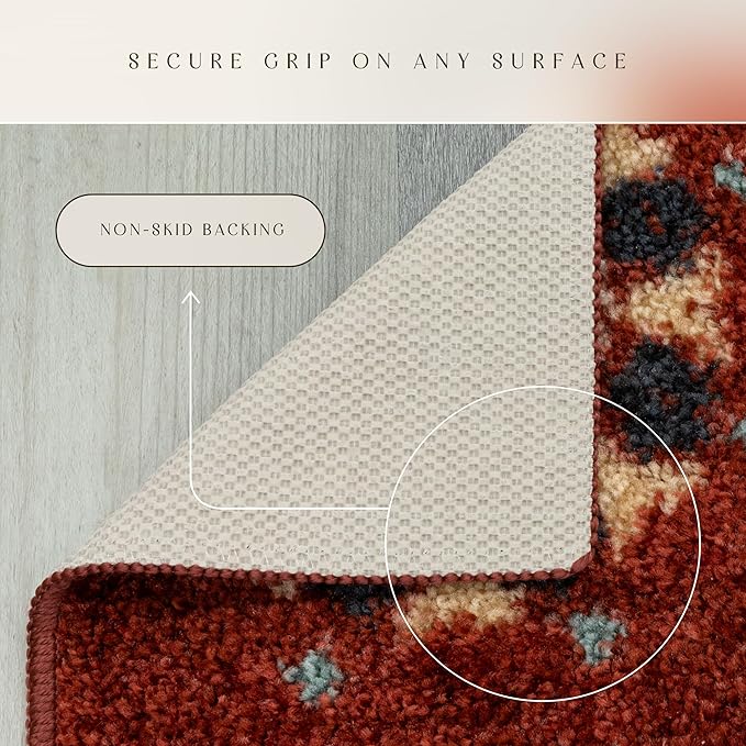Maples Rugs Reggie Floral Runner Rug - Made in USA - Washable, Non Slip Indoor Carpet for Kitchen, Hallway, and Laundry Room, 2' x 5', Merlot