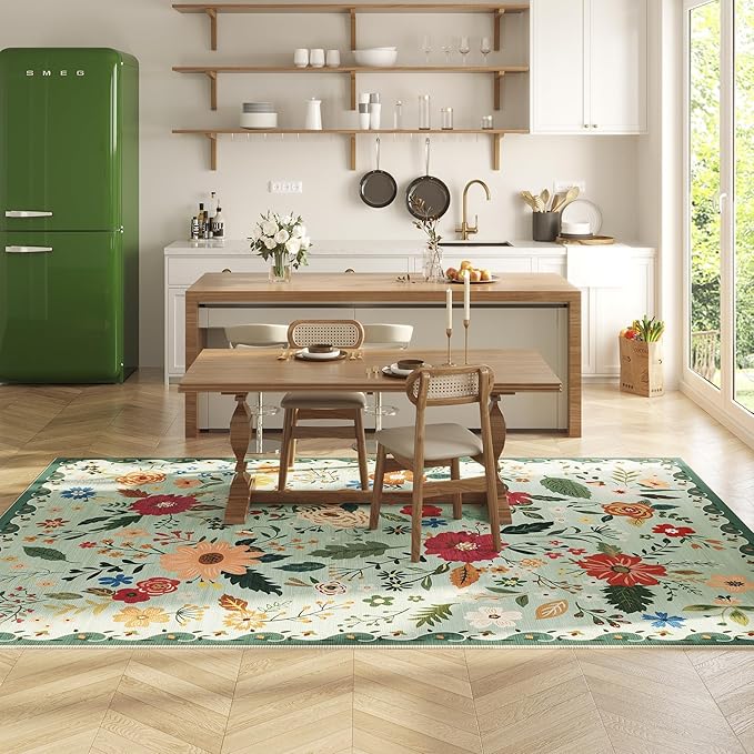 5x7 Washable Rug for Living Room, Green Floral Area Rug, Non Slip Low Pile Soft Flower Carpet, Large Rugs for Bedroom, Dining Room, Office, Kids Playroom, Nursery, Sage Green