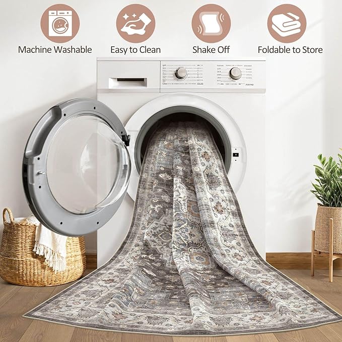 8x10 Area Rugs Living Room: Washable Boho Large Neutral Vintage Soft Rug Stain Resistant Farmhouse Non-Slip Indoor Floor Carpet for Bedroom Nursery Kids Office Dining Room Playroom- Grey Brown