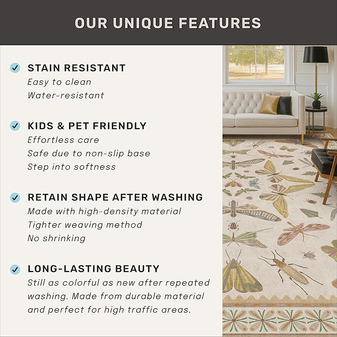 8 ft Long Hallway Rug - 2'6''x8' Wide Kitchen Runner Rug, Non-Slip & Stain Resistant Long Floor Rug, Neutral Beige Boho Floral Insect Decor