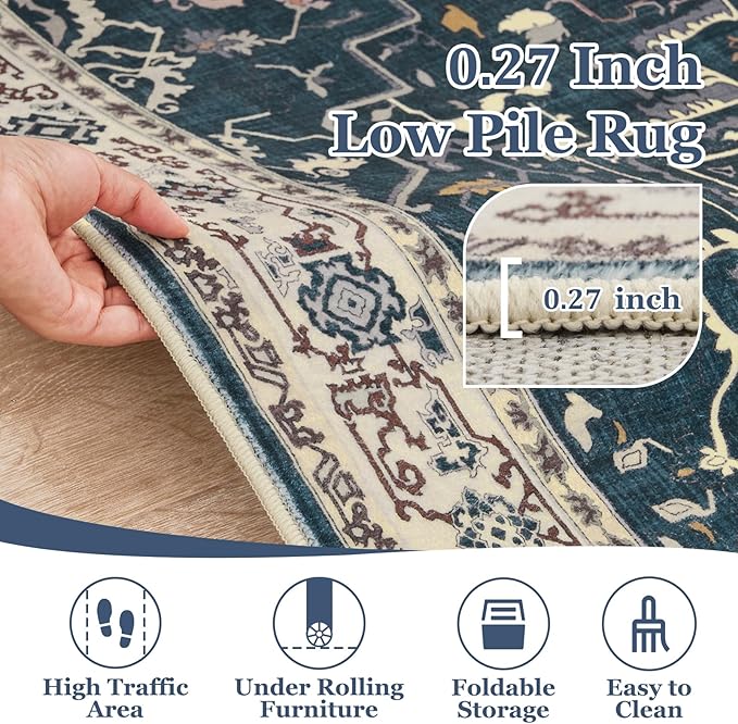 Deep Blue Hallway 2x8 Runner Rug, Washable Non Slip Entryway Runner Indoor, 0.27 Low Pile Vintage Medallion Distressed Carpet Runners 8ft for Kitchen/Bedroom Bedside/Laundry Room/Bathroom