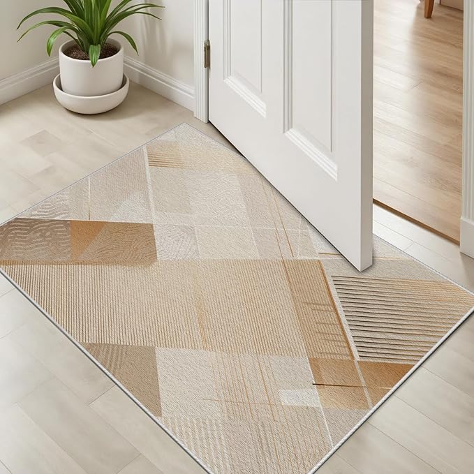 Minimalist Abstract Area Rug 8x10 Brown Boho, Modern Washable Stripe Art Rugs, Soft Non-Slip Low-Pile Carpet for Living Room, Bedroom, Kitchen, Dining Room, Pet Friendly, Non-Shedding, Beige
