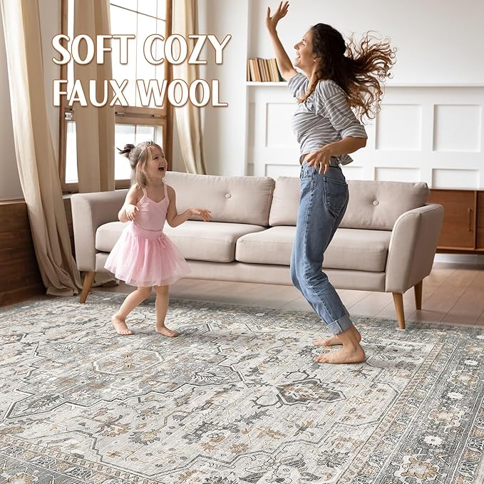 7x9 Area Rug Living Room: Washable Boho Large Neutral Vintage Soft Rugs Stain Resistant Distressed Farmhouse Non-Slip Indoor Floor Carpet for Bedroom Nursery Kids Office Dining Room- Taupe