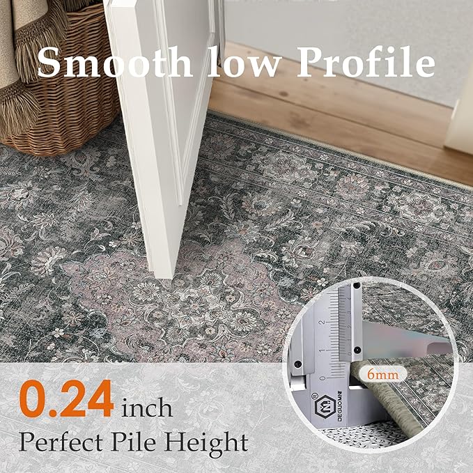 HUGEAR 2x6 Runner Rug Hallway Machine Washable Retro Black Vintage Floral Low Pile Carpet Distressed Long Throw Rug Bedroom Office Bathroom Kitchen Laundry Non Slip Soft Lightweight