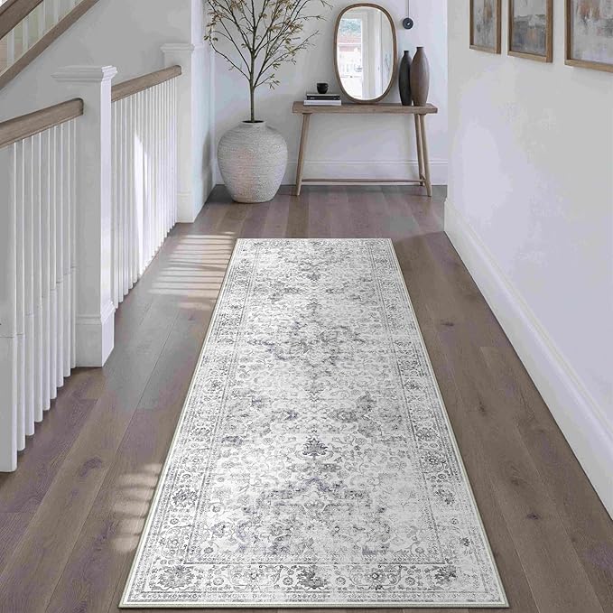 HUGEAR Washable Hallway 2x6 Runner Rugs Retro Grey Vintage Distressed Non Slip Stain Resistant Low Pile Neutral Throw Carpet for Bedside Kitchen Entryway Home Decor