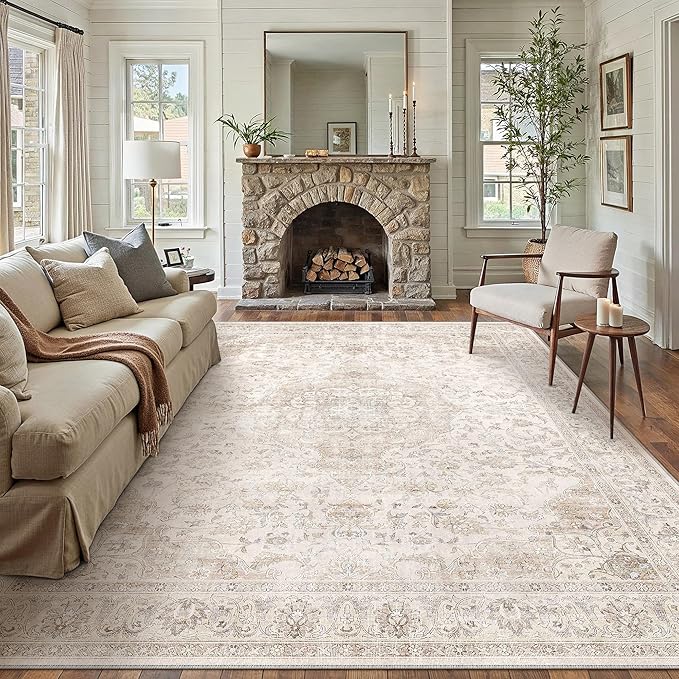 HUGEAR Area Rug 8x10 Vintage Beige Machine Washable Living Room Rugs Thin Neutral Floral Vacuumable Low Pile Carpet Bedroom Office Dining Room Laundry Room Non Slip Soft Lightweight