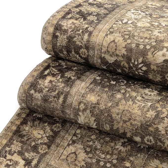 HUGEAR 5x7 Machine Washable Rugs Brown Hallway Area Rug Indoor Accent Rug Floral Mid Pile Carpet Soft Thicker Throw Aesthetic Rug Bedroom Living Room Office Dining Kitchen Laundry Non Slip