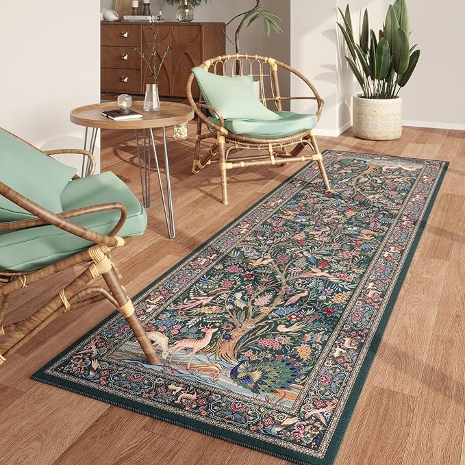 Rugcomf Runner Rug 2x6 Vibrant Tree of Life-Patterned Vintage Kitchen Rugs Non Slip Washable Soft Carpet Runner for Laundry Bedroom Bathroom, Green