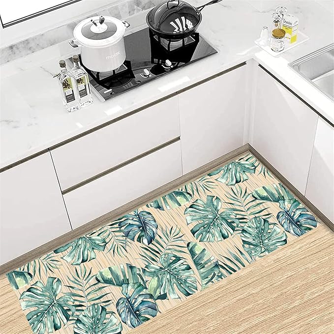 Tropical Palm Leaf Runner Rug 3.3x7 ft - Green Plant Pattern Non-Slip Rug, Stain Resistant Easy Clean for Hallway, Living Room, Bedroom Floor Mat
