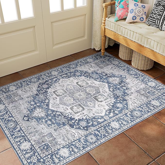 DUKINO 3x5 Rugs for Living Room, Soft Non-Slip Washable Area Rugs, Faux Wool Bedroom Rug with Non-Shedding, Indoor Low-Pile Boho Rugs for Dining Room, Home Office, Blue