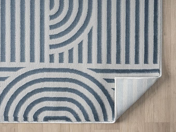 Annabel Modern Geometric Area Rug for Living Room, 5x7 Contemporary Arched and Linear Blue Rug, High-Low Pile Stain Resistant Carpet for Bedroom, Dining Room or Kitchen (5' x 7', Blue)