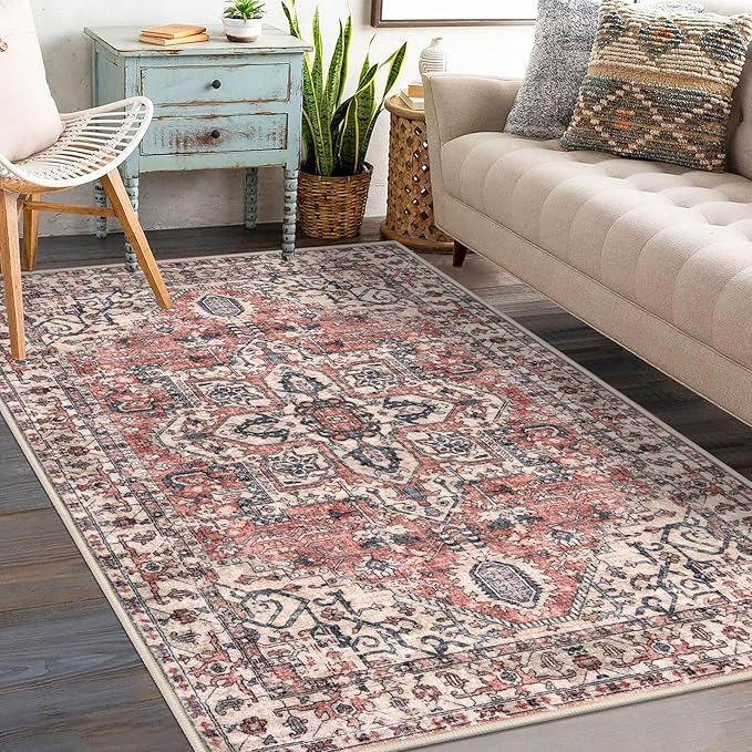 KOZYFLY Boho Area Rug 3x5 Ft Rugs for Entryway Washable Entry Rug Non Slip Door Mat Indoor Entrance Printed Faux Wool Throw Rugs for Entrance Kitchen Living Room, Terracotta/Beige