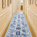 Fame Living Navy Blue Oushak Runner Rug, Modern Runners, Vintage, Turkish, Eclectic, Floral, Pastel, Washable, Runner for Hallway, Kitchen, Bedroom, Bathroom, 2'5"x9'8"
