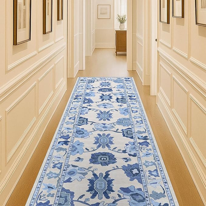 Fame Living Navy Blue Oushak Runner Rug, Modern Runners, Turkish, Eclectic, Floral, Pastel, Washable, Small Rugs, Short Runner for Hallway, Entryway, Laundry, Bedroom, Kitchen, Bathroom, 2'5"x6'5"