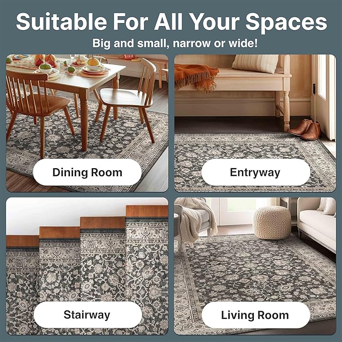 Well Woven Asha Rome Black 3'3" x 5' Area Rug - Oriental Floral Pattern, Easy Clean, Floor-Friendly Backing - for Living Room, Bedroom, and Dining Room