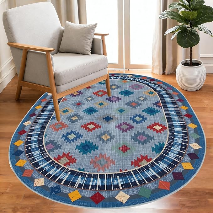 Funky Vintage Blue Red Orange Geometric Texture Indoor Area Rug for Living Room Bedroo Dining Room Faux Wool Soft Low Pile Oval Rugs 10x12 Entrance Nursery Farmhouse Rustic Country Home Office Carpet