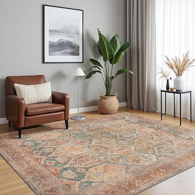 Bavni Washable Rug 6x9 Area Rug for Living Room Bedroom Dining, Washable Vintage Print Carpet, Ultra-Thin Chenille Low Pile Lightweight Rug with Non Slip Backing, Clay